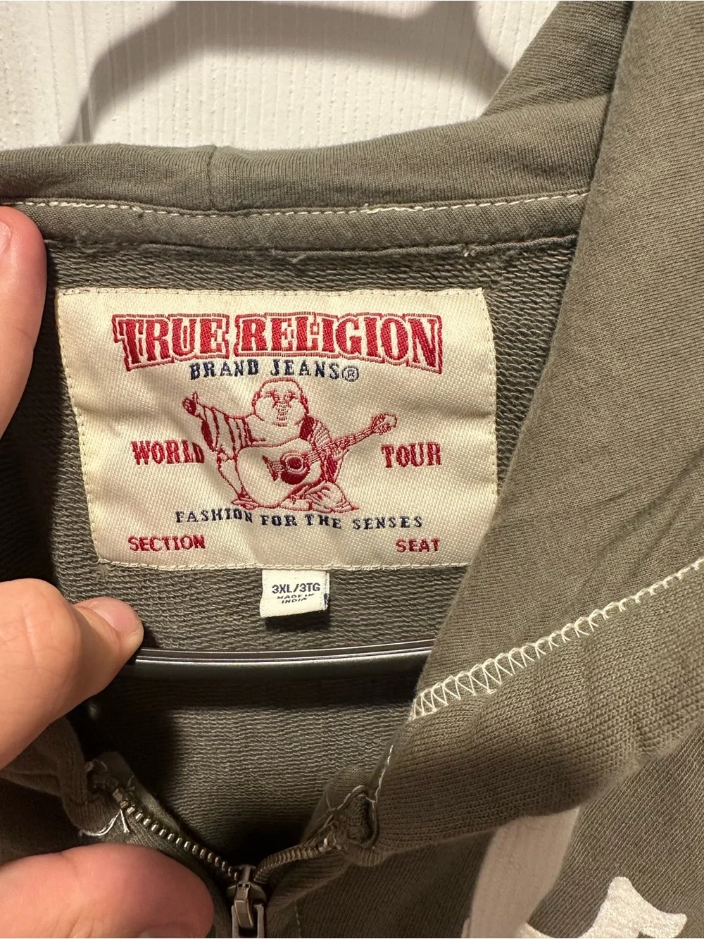 True Religion Olive Zip Hoodie with White Logo Accent